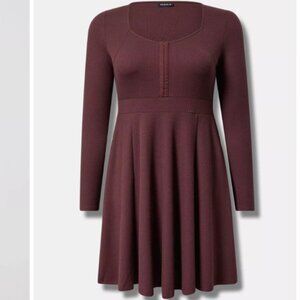 Torrid Mini Waffle Long Sleeve Skater Dress Maroon 00